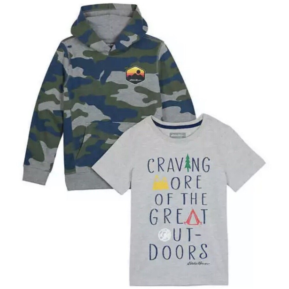 Eddie Bauer Boy X-SMALL 5/6 Camo Fleece Hoodie Gray Graphic T-Shirt Set NWT